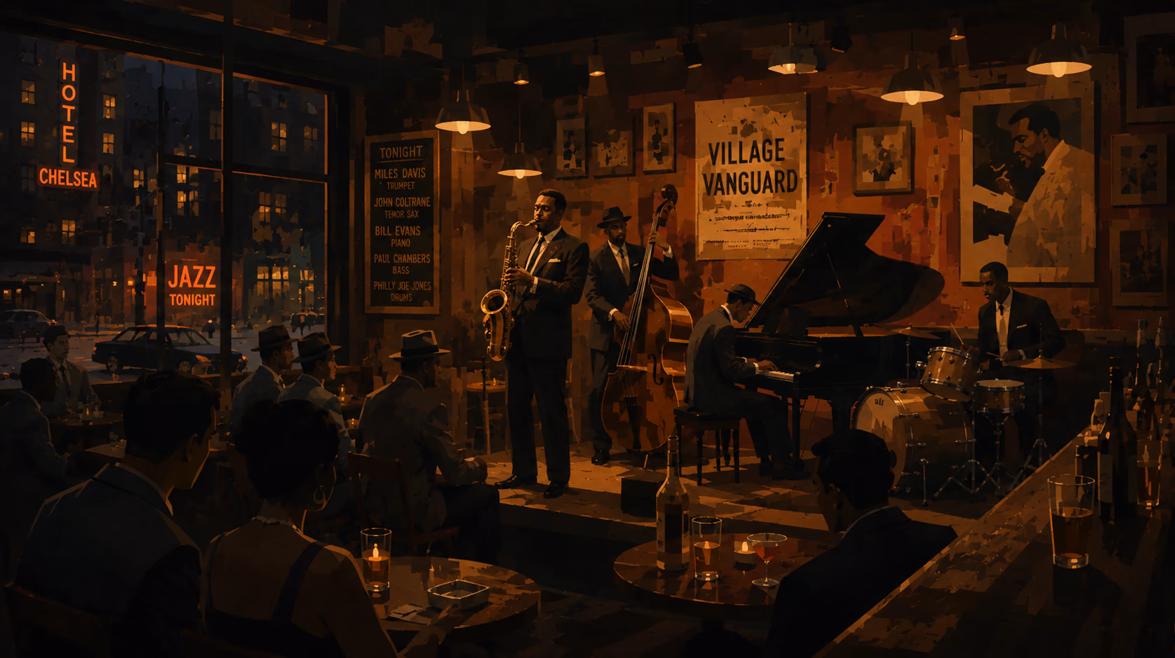 Retro jazz club with a saxophone resting on a grand piano